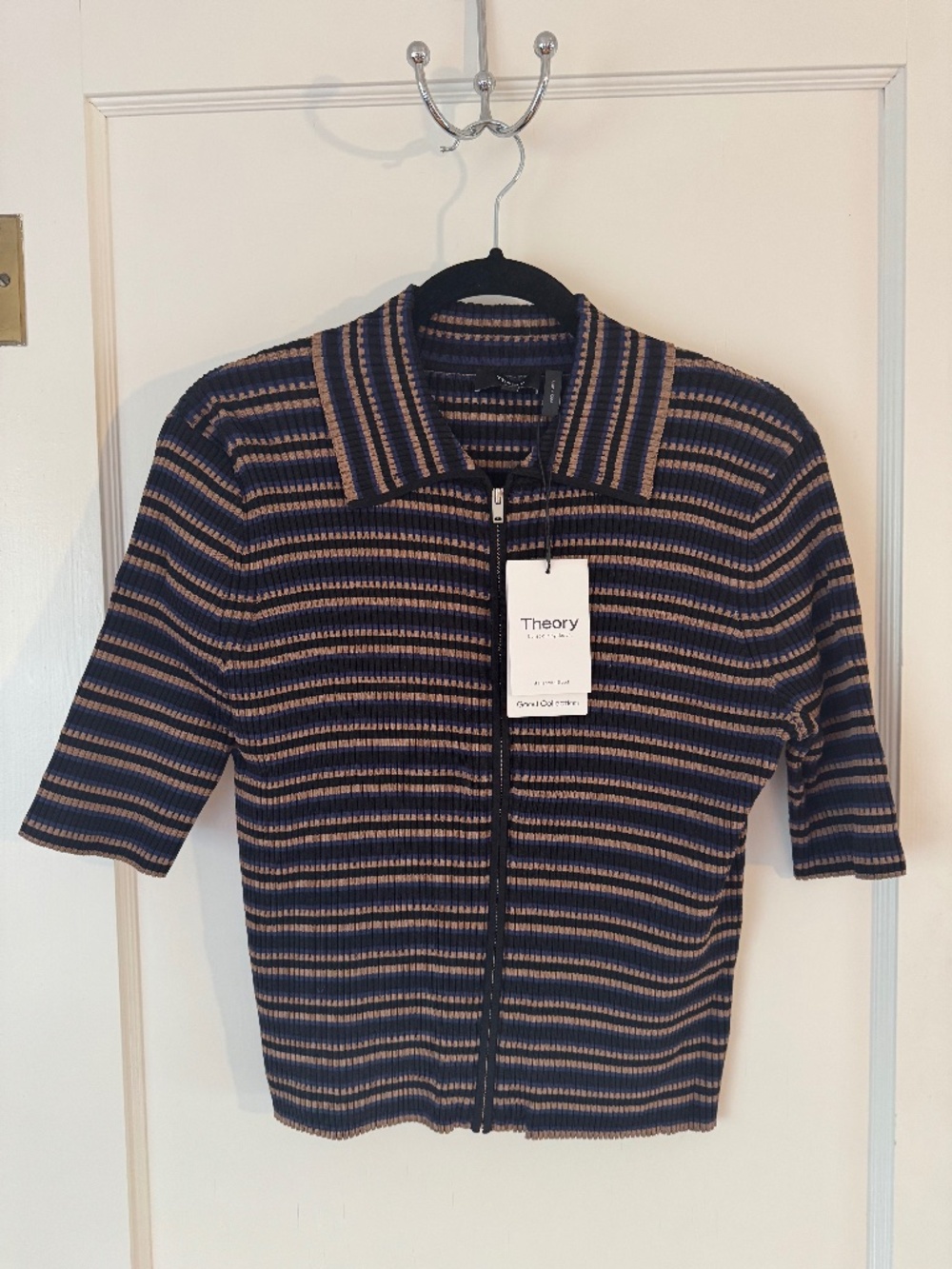 Theory Multi-Colored Striped Crop Zip Up Short Sleeve Cardi, Size L